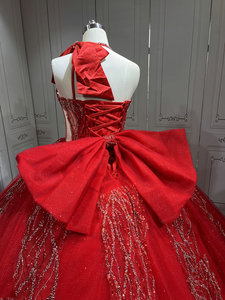 Mumuleo Vestido Rojo de Quinceañera de Un Solo Hombro sin Mangas para Fiesta de 15 Años con Volantes Estilo Princesa y Lazo - Product Image 3