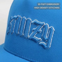 Casquette de baseball en coton bleu à 5 panneaux OEM ODM avec logo brodé 3D en relief personnalisé pour les grossistes, usine BSCI, prix streetwear