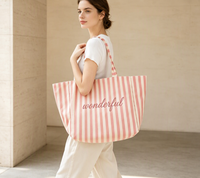 Sac à main en toile imprimé rayé style mode avec logo brodé personnalisé, grande capacité, réutilisable, fermeture à poignée, pour les courses quotidiennes
