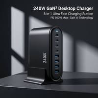 Cargador de Alta Potencia 240W 8 en 1 con Múltiples Puertos, Base de Carga Rápida de Escritorio, Soporte Desmontable, Adaptador de Corriente para Múltiples Dispositivos con PD y QC