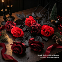Rose artificielle gothique noire et rouge à tige unique pour Halloween, série sombre, fleur artificielle pour la décoration de la maison, vente en gros