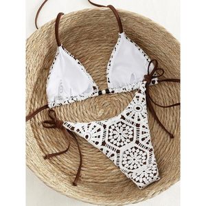 Women's Crochet <b>Bikini</b> <b>Set</b> Triangle <b>String</b> Halter Tie Side High Cut 2 Piece Swimsuit Stretch Lace Up - Product Image 4