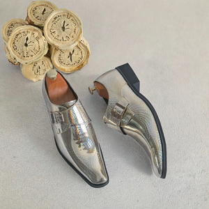 Mocasines de charol plateado para hombre, talla 38-46, informales, sin cordones, correa de monje individual/doble, plantilla EVA antideslizante, zapatos de boda - Product Image 3