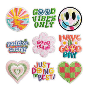 Iron on Embroidery Cartoon Spring Brilliant Color Positive Energy Good Viber Flower Smile Heart Patch for Cloth Bag - Product Image 1
