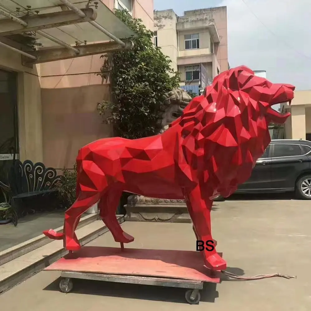 Nghệ Thuật Hiện Đại Hình Học Động Vật Điêu Khắc Sợi Thủy Tinh Resin Red Lion Tượng Để Bán