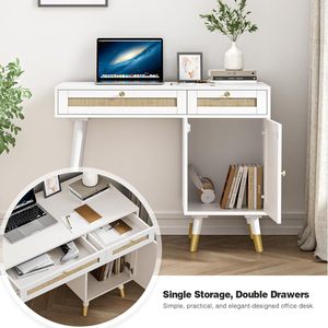 Wicker dressing table with drawers for storage, white, modern home office <b>desk</b>/study/<b>computer</b> <b>desk</b> - Product Image 4