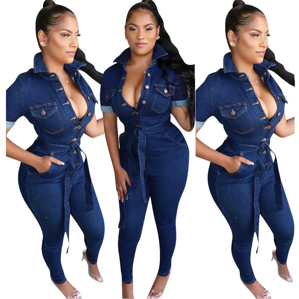 Jumpsuit Denim Wanita, Baju Monyet Jeans Wanita Kasual Playsuit dengan Saku