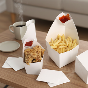 Boîte d'emballage jetable et recyclable en papier blanc en forme <span class=keywords><strong>de</strong></span> cône, avec pelliculage brillant et traitement UV, pour frites, chips, snacks, et compartiment pour ketchup - Product Image 1