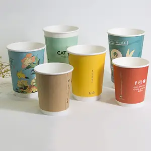 Groothandel papier cups plain deksel-Dubbele Muur Custom Logo Wegwerp Biologisch Afbreekbaar Warm En Koud 8Oz Papier Koffie Drinken Cups Wit Met Deksel