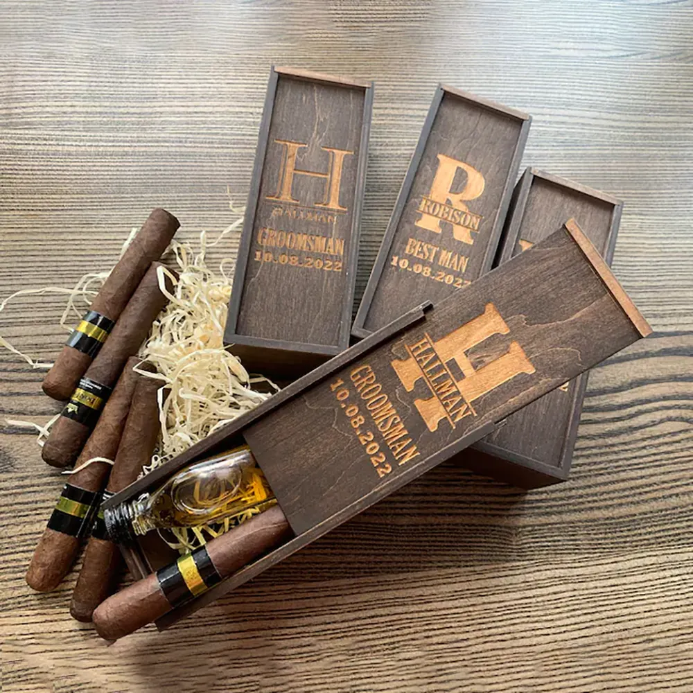 Benutzer definiertes Logo heißer Verkauf Hochzeits geschenk Groom sman Andenken Box Zigarren paket Holz verpackungs boxen mit Slide Top Großhandel