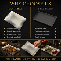 Plateau de service moderne en acier inoxydable mat à bords ondulés, style luxe léger, pour la présentation de desserts et plats en restaurant et hôtel