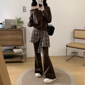 Women's Off-Shoulder Sweatshirt Plaid Patchwork Flared Pants Two-Piece Set Casual Knitted Outfit Black Brown Option - Product Image 4