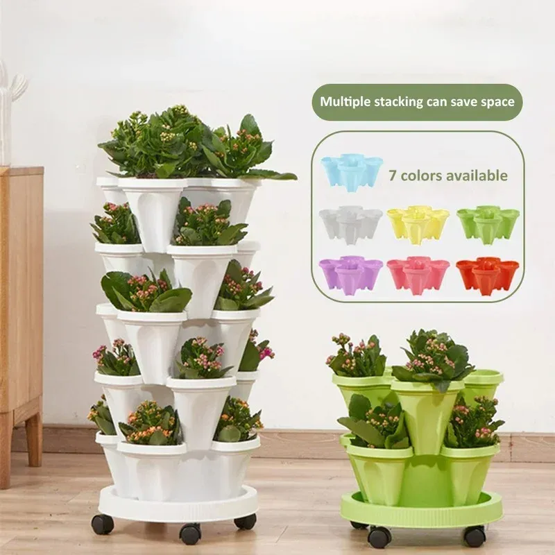 Self Watering Plant Pot Garden Stand Planter Plastic Stackable Vertical Gardening 3-tier Stacking Strawberry Planter