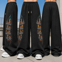 Pantalon de survêtement unisexe en molleton épais noir délavé à l'acide, style vintage streetwear, imprimé flamme numérique, coupe ample