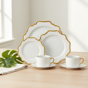 Service de table en <span class=keywords><strong>porcelaine</strong></span> fine <span class=keywords><strong>blanche</strong></span> avec bordure <span class=keywords><strong>argent</strong></span>ée, <span class=keywords><strong>assiette</strong></span> ronde et soucoupe à bord festonné, ensemble pour le thé de l'après-midi - Product Image 6