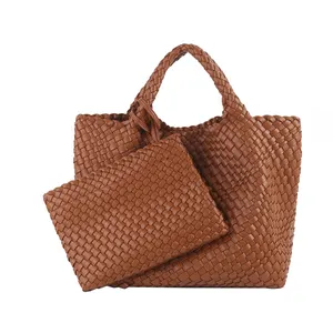 New Arrival Women's Tote Bags Handmade Woven Bag PU Leather Tote Bags With Small Woven Purse