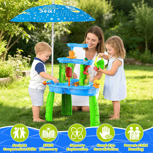 Table à eau et à <span class=keywords><strong>sable</strong></span> 3 niveaux pour enfants avec parasol – Jouet d'extérieur estival avec piscine d'apprentissage stable – Ensemble <span class=keywords><strong>de</strong></span> jeu pour plage et jardin - Product Image 2