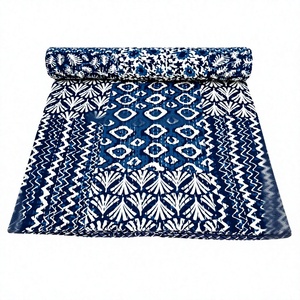 <b>Handmade</b> Indian Floral Kantha <b>Quilt</b> 100% Cotton Block Printed Indigo Blue Kantha <b>Quilt</b> Indigo Blue Cotton Kantha <b>Quilt</b> Indian - Product Image 1