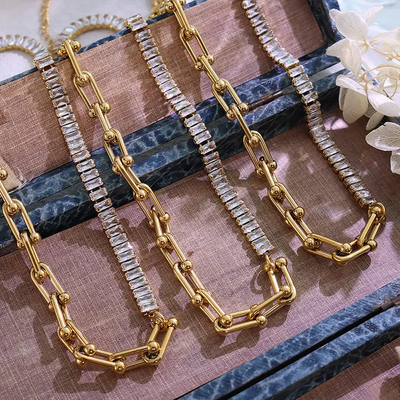 Conjunto de joyería de circonia cúbica para mujer, Herradura en forma de U con incrustaciones, acero inoxidable, chapado en oro