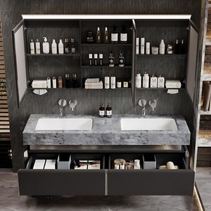 Meuble-lavabo mural <span class=keywords><strong>de</strong></span> luxe moderne gris foncé à double tiroir avec vasque intégrée et armoire miroir LED intelligente anti-buée - Product Image 3