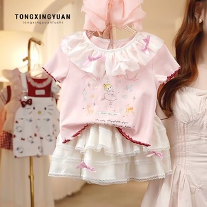 Tongxingyuan Girls Summer Short Sleeve Printed T-Shirt With <b>Cake</b> Skirt Breathable Baby Doll <b>Collar</b> Dress - Product Image 4