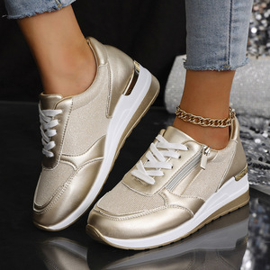 Baskets compensées pour femmes avec fermeture éclair latérale et paillettes, chaussures de marche décontractées - Product Image 2