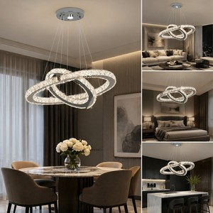 Lustre à 2 anneaux en acier inoxydable avec cristaux, suspension LED, luminaire de plafond pour projets commerciaux, restaurants et chambres - Product Image 3