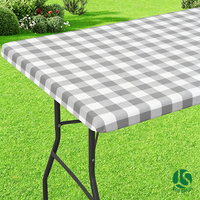 Nappe de table ajustée en PEVA réutilisable et lavable avec doublure en flanelle, motif à carreaux gris et blanc, pour terrasse et fêtes