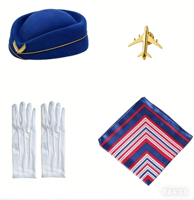 Ensemble d'accessoires de costume d'hôtesse de l'air avec chapeau, écharpe, badge et gants pour déguisement adulte, fête d'Halloween, cosplay