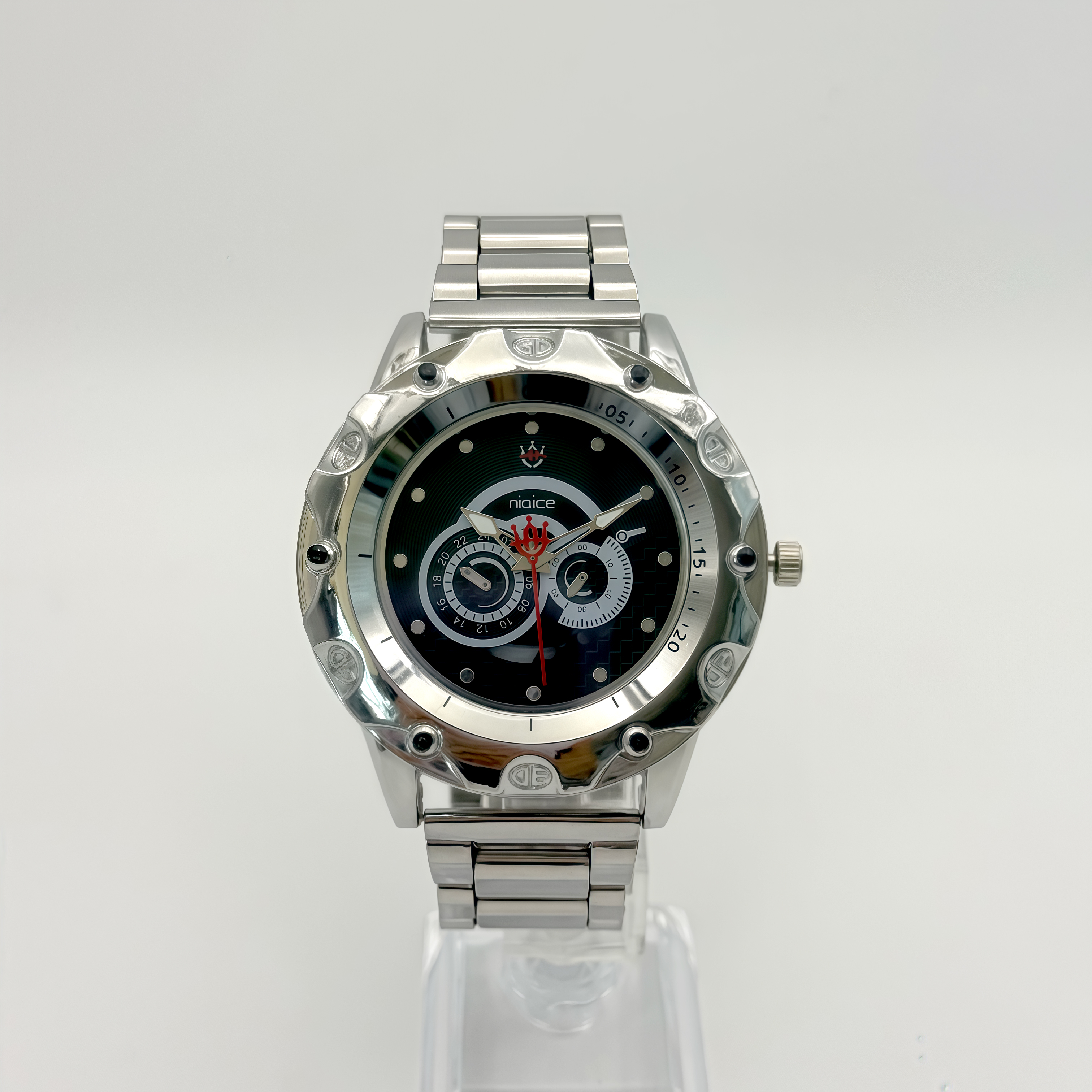 Silver with a black dial