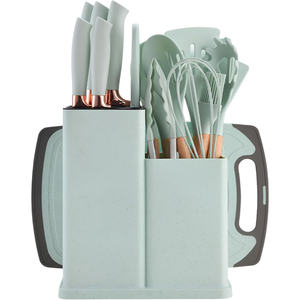 Ensemble d'ustensiles de cuisine 19 pièces en silicone avec planche à découper, support de rangement et couteau à manche en bois - Product Image 1