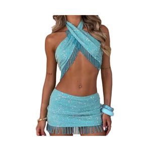 Women's Sexy <b>Crop</b> Tank <b>Top</b> Short Skirt Set Woven Above Knee Solid Pattern One Set for Summer Parties Pearl Tassel <b>Sequin</b> Detail - Product Image 4