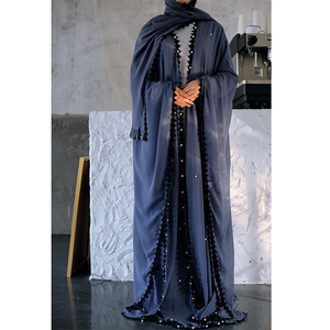 LEDDUO Luxury bead Lace Trim Open Front Cardigan with Hijab Dubai <b>Kaftan</b> Chiffon Abaya - Product Image 1