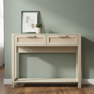 Consolle Boho da 100 cm con 2 cassetti, stretta e lunga, in legno, per ingresso, soggiorno, corridoio, stile rattan, modello D0100HPYHDW - Product Image 3