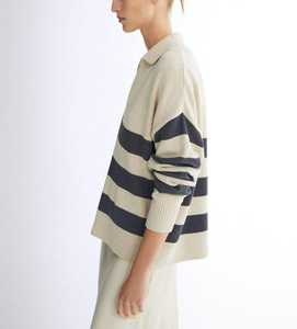 Maglione Polo <span class=keywords><strong>a</strong></span> <span class=keywords><strong>Righe</strong></span> con Scollo <span class=keywords><strong>a</strong></span> V per <span class=keywords><strong>Donna</strong></span>, 100% <span class=keywords><strong>Cotone</strong></span>, Lavorazione <span class=keywords><strong>a</strong></span> <span class=keywords><strong>Maglia</strong></span>, Stile Oversize, Autunno-Inverno 2026, Produzione OEM ODM Personalizzata - Product Image 4