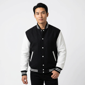 Veste varsity noire pour homme avec manches en cuir blanc, col en V, fermeture boutonnée, style preppy, vêtement d'hiver, 100% laine, chauffante, coupe-vent - Product Image 1