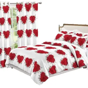 High Quality Soft Brushed Peach Skin Fabric Queen Size Heart Design Bed Sheet Bedding Sets Collections With Curtains