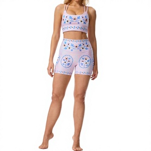 Conjunto de Yoga con Estampado Floral/Animal/a Cuadros, Shorts de Cintura Alta, Sujetador Deportivo, Ropa Deportiva de Dos Piezas con Logotipo Frontal para Gimnasio y Running - Product Image 2
