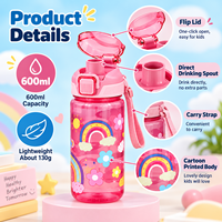 Bouteille d'eau personnalisée pour enfants 600 ml, ouverture à un clic, anti-fuite, couvercle rabattable, bouteille à boire directement avec sangle