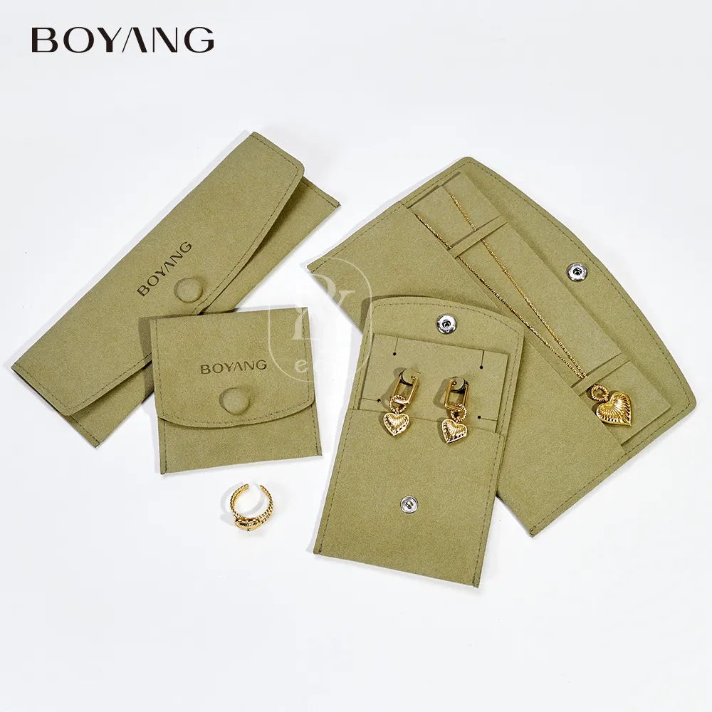 Bolsas de regalo de joyería de microfibra personalizadas, anillo, pendientes, collar, pulsera, bolsa de embalaje de joyería con botón de solapa