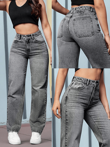 Jeans de Pierna Recta Simples, Cintura Media, Largos, Denim Lavado a la Piedra, Ropa Casual para Mujer, 100% Algodón, Estilo Primavera - Product Image 3