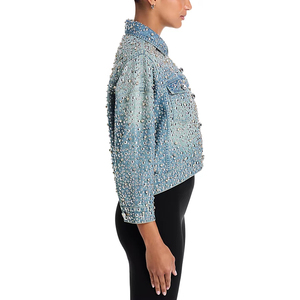 Veste en jean délavée bleu clair pour femme, coupe courte, à boutons, col à revers, entièrement ornée de strass, style streetwear pour soirée - Product Image 3