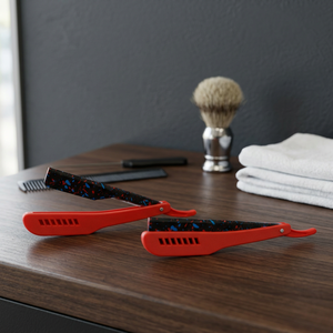MORGANS INDUSTRIES Red Handle Straight <b>Razor</b> Stainless Steel <b>Single</b> <b>Blade</b> Black Speckled Non-Disposable for Men Barber Shop Use - Product Image 1