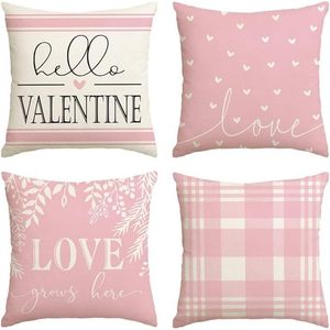 Valentine's Day Heart Pillow <b>Cover</b> Set 4Pc Square <b>Throw</b> Pillowcase Red Plaid Love Home Decor Cushion <b>Cover</b> for <b>Sofa</b> - Product Image 3
