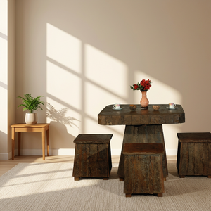 <b>Rustic</b> Solid <b>Wood</b> Restaurant <b>Tables</b> with 4 Stools Set Antique Design for <b>Dining</b> Commercial Use Handcrafted Wholesale Indian Expo - Product Image 2