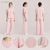 Ensemble deux pièces texturé rose à manches courtes pour femme, pantalon large décontracté d'été, personnalisable OEM Marque Privée
