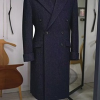 Manteau d'hiver long formel pour homme en laine 100% imperméable - bleu marine à chevrons Manteau sur mesure en laine grossière