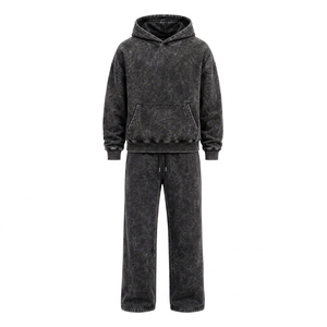 Conjunto de sudadera con capucha y pantalón unisex holgado de felpa francesa 100% algodón, estilo vintage con lavado ácido, con logo personalizado y pantalón acampanado. - Product Image 1