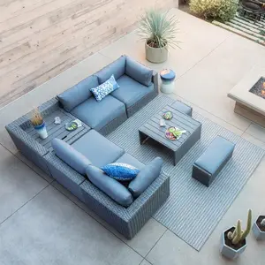 Canapé moderne de luxe en aluminium étanche en forme de L avec cadre Meubles de patio en rotin Ensembles sectionnels d'extérieur en osier Canapé de salon de jardin