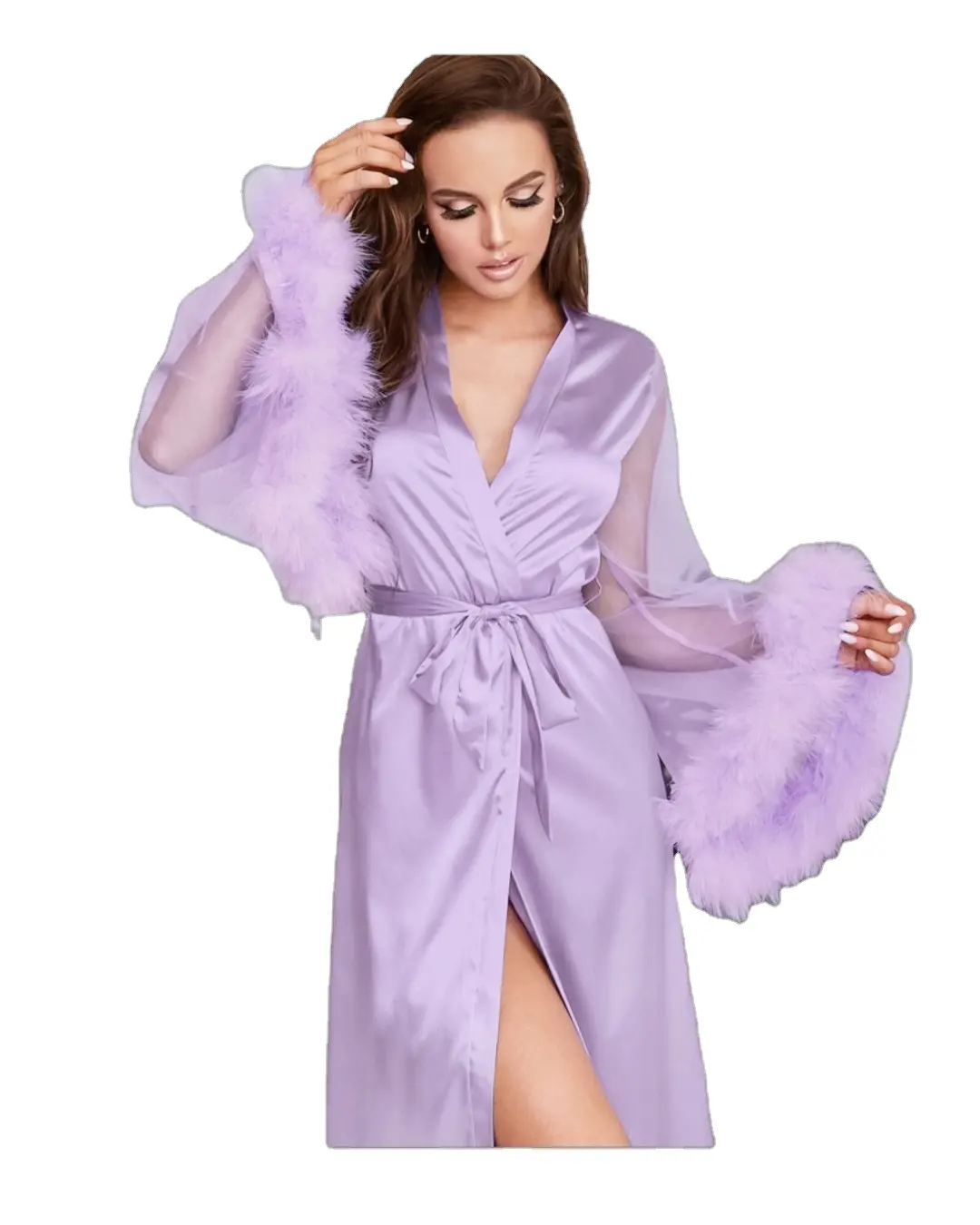 Vêtements de nuit d'automne en soie 100%, pyjamas de luxe personnalisés, robes sexy pour femmes, pyjamas en satin avec plumes, en stock